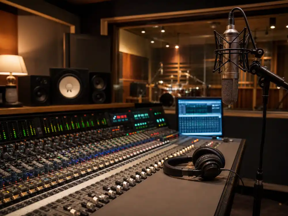 Professional recording studio setup reflecting Dua Lipa age and birthday 2026 career arc from teenage YouTube covers to global pop headliner in her thirties