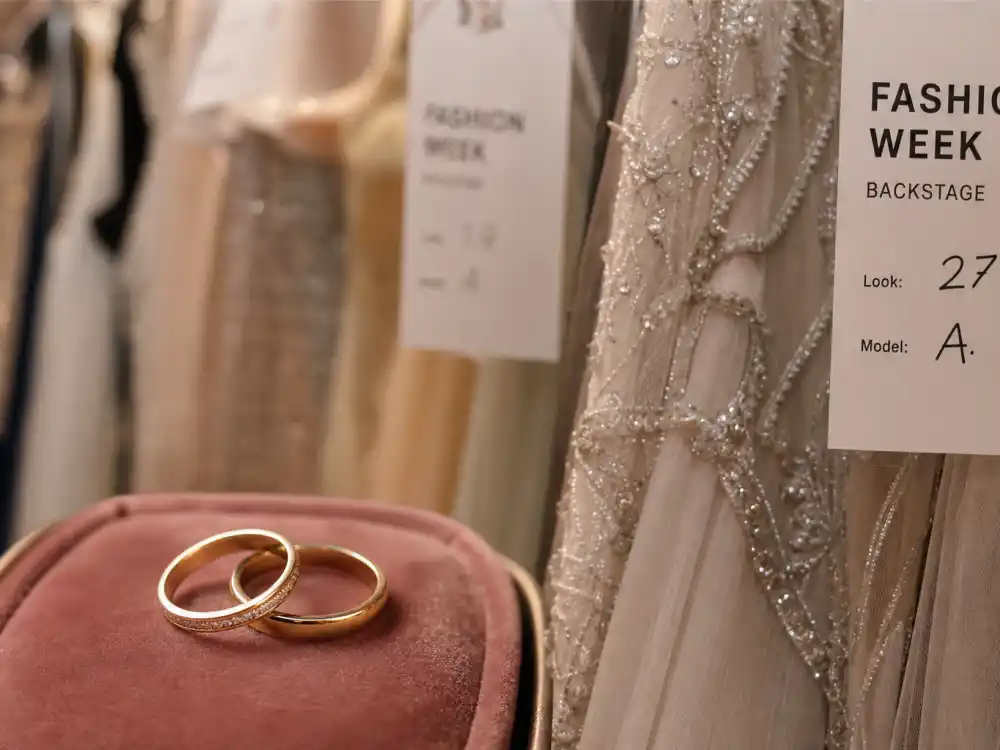 Wedding rings beside a fashion runway rack symbolizing Dylan Sprouse marriage to model Barbara Palvin
