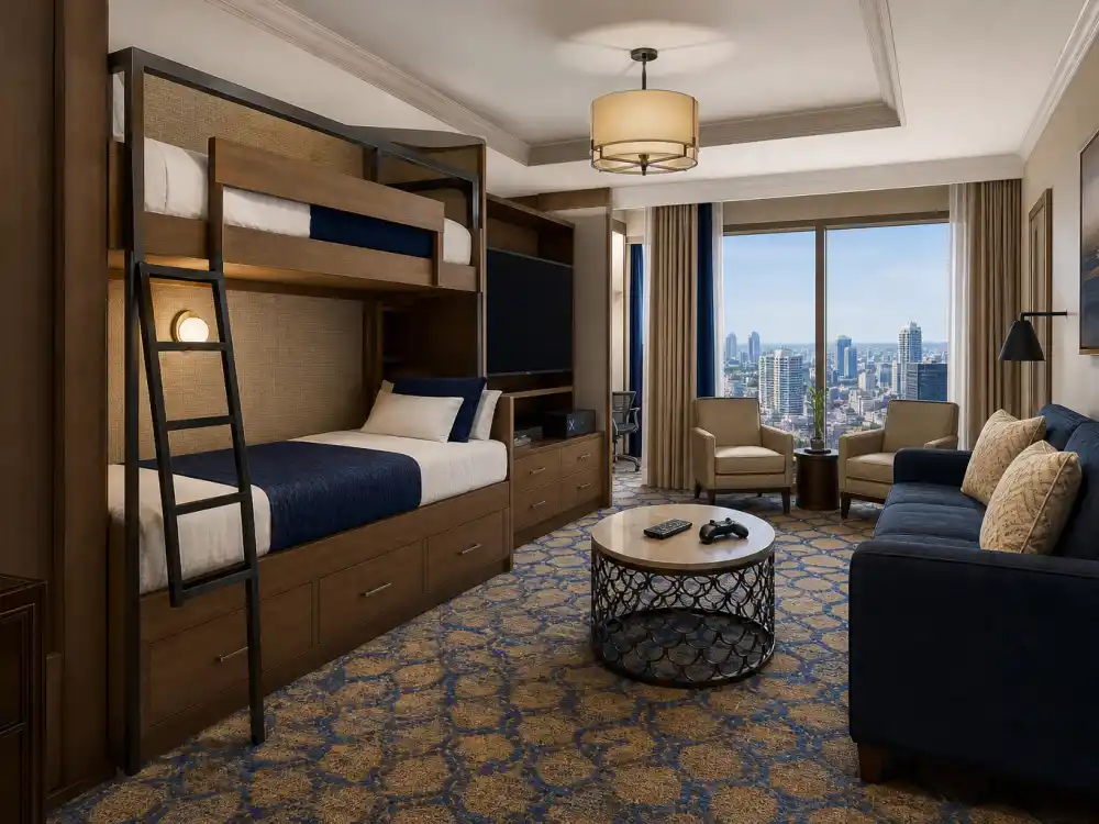 A luxury hotel suite living room evoking Dylan Sprouse as Zack Martin on Suite Life of Zack and Cody