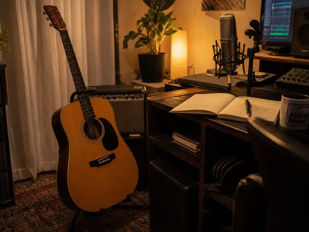 Acoustic guitar on stand in home studio reflecting Ed Sheeran age and birthday 2026 early career when Suffolk pub gigs and loop-pedal shows launched his rise