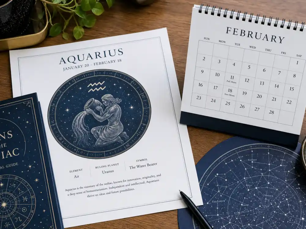 Aquarius zodiac chart beside February calendar for Ed Sheeran age and birthday 2026 — February 17 birth date places him under Aquarius in Western astrology