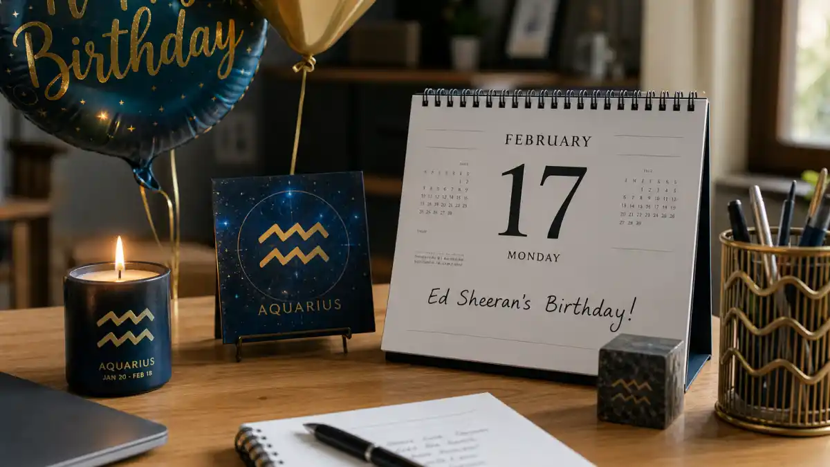 Ed Sheeran age and birthday 2026 — desk calendar open to February 17 with Aquarius zodiac decorations marking his verified birth date