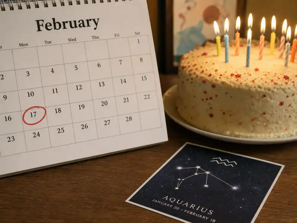 February 17 birthday cake and calendar marking Ed Sheeran age and birthday 2026 each year when fans celebrate his Aquarius birth date