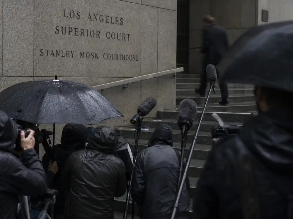 Rainy Los Angeles courthouse steps for what happened to Ed Westwick during 2017 sexual assault allegations