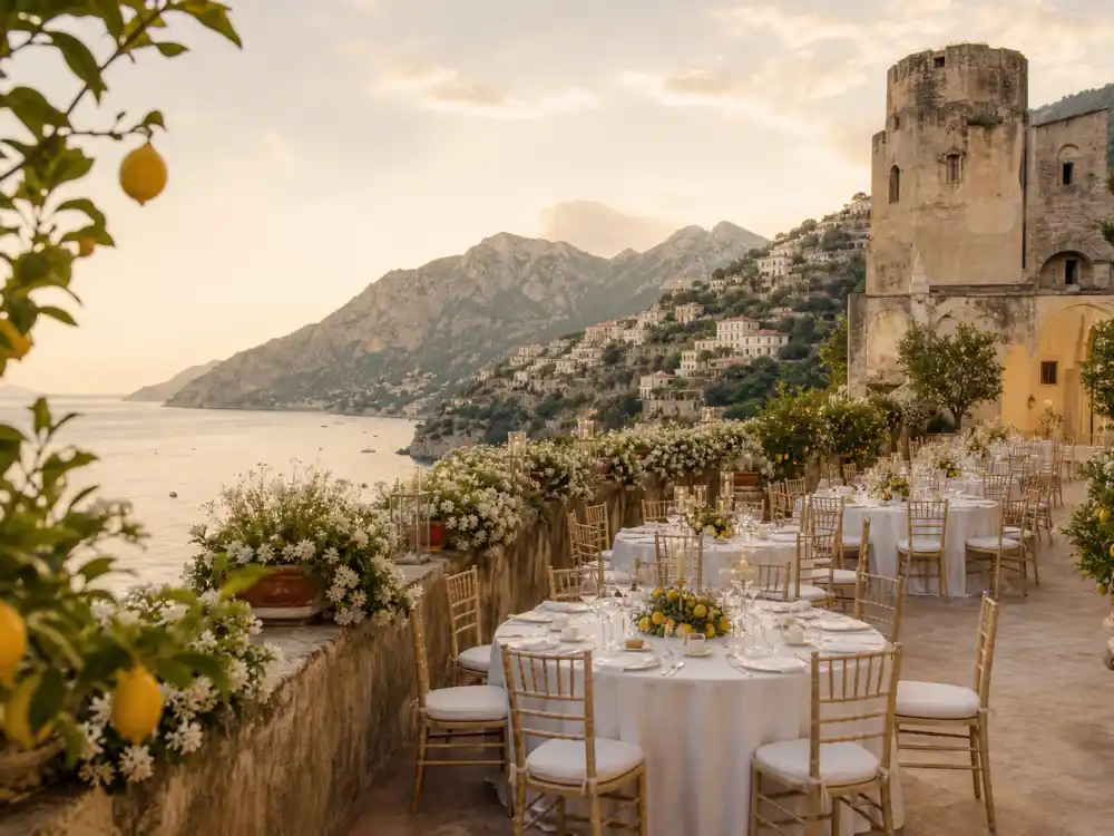 Amalfi Coast Italian wedding terrace for what happened to Ed Westwick — marriage to Amy Jackson in 2024