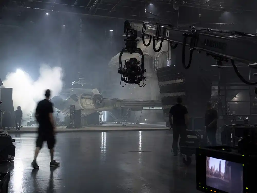 A modern sci-fi film soundstage representing the Edward Furlong Terminator: Dark Fate return in 2019