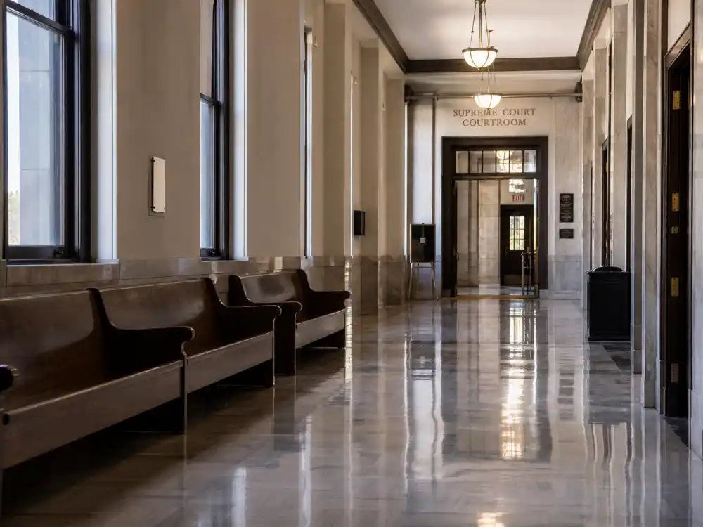 An empty courthouse hallway reflecting the legal challenges that became part of what happened to Edward Furlong