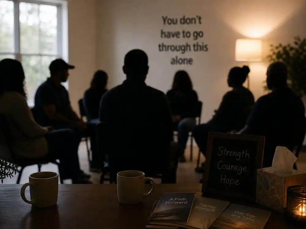 A compassionate support-group setting symbolizing the personal struggles and recovery journey tied to what happened to Edward Furlong
