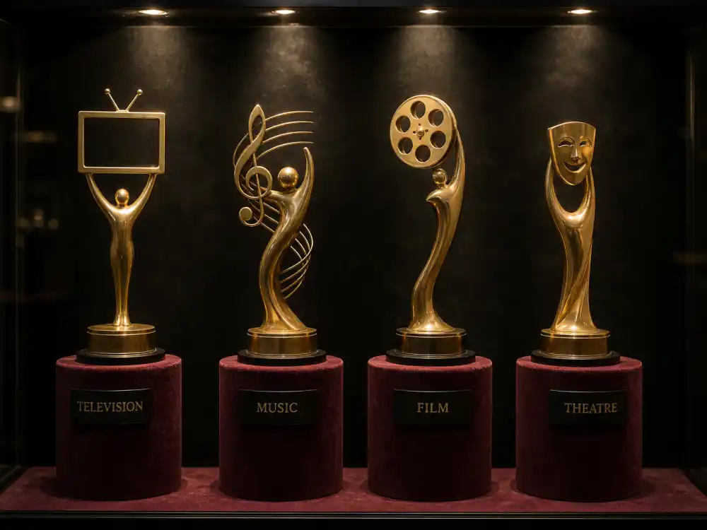 Museum display of four generic award statuettes illustrating the EGOT winners complete list quadruple-crown requirement