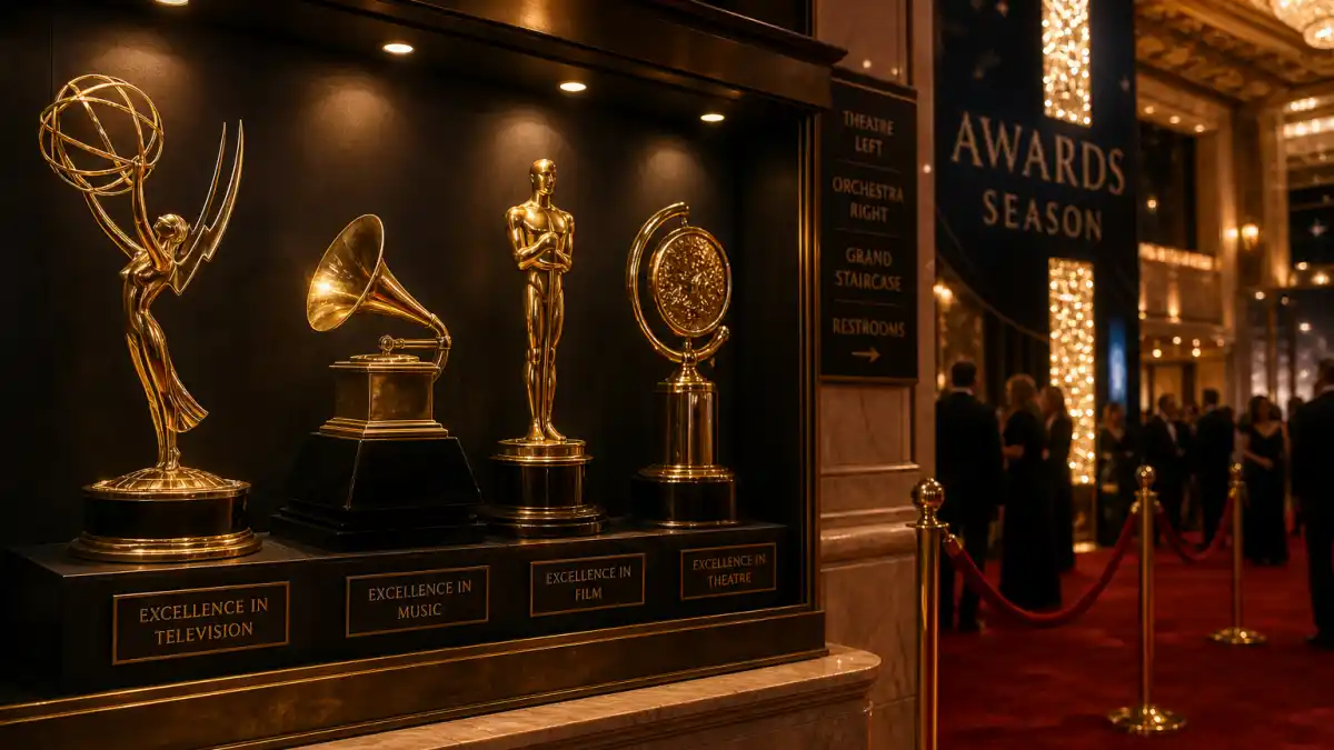 EGOT winners complete list — grand awards theatre display with four generic golden trophy silhouettes representing Emmy Grammy Oscar and Tony