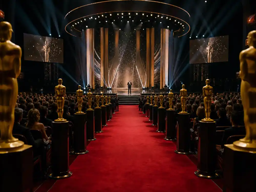Oscar-style awards ceremony theatre aisle with golden statuette silhouettes tied to the EGOT winners complete list film leg