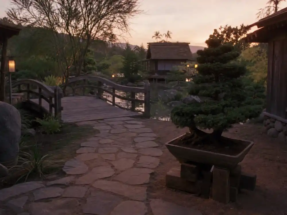 A Japanese garden path at dusk evoking Elisabeth Shue Karate Kid Part II Ali Mills romance era