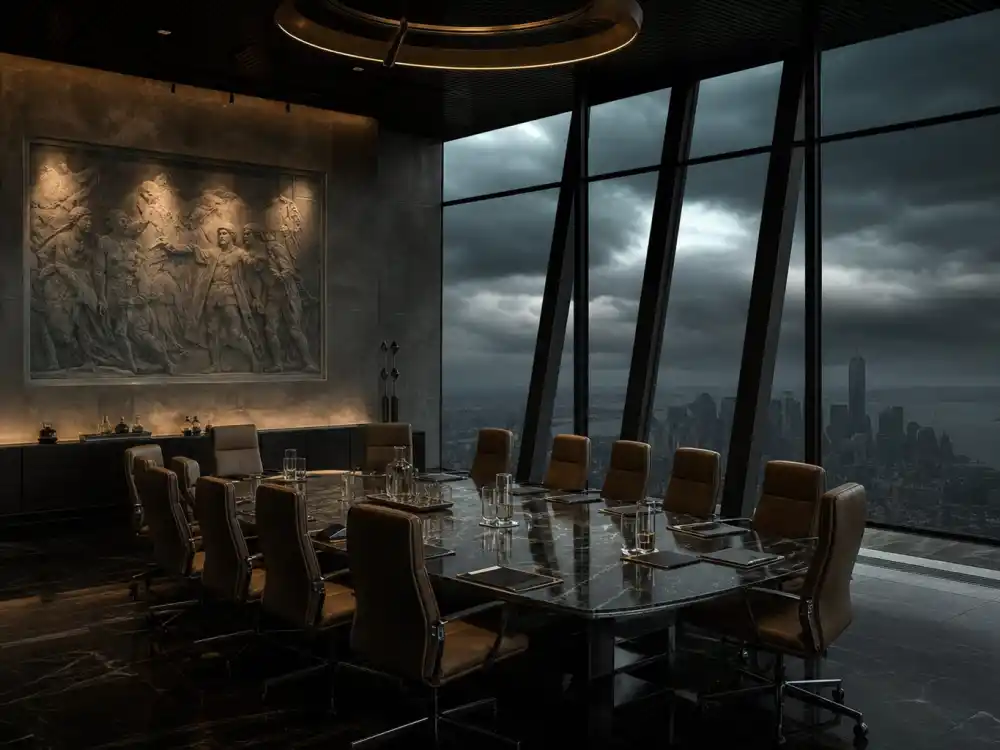 A dark corporate boardroom for Elisabeth Shue The Boys Linda Hansen prestige TV role now