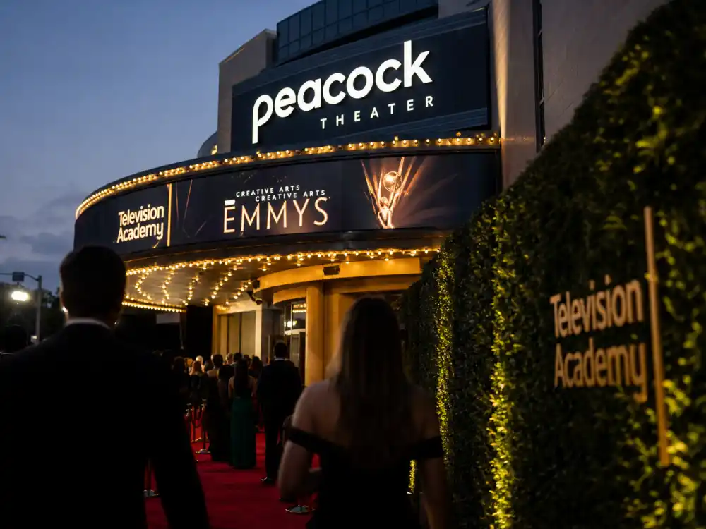 Peacock Theater Los Angeles exterior at dusk previews September 14 Primetime Emmy Awards ceremony tied to Emmy nominations predictions 2026
