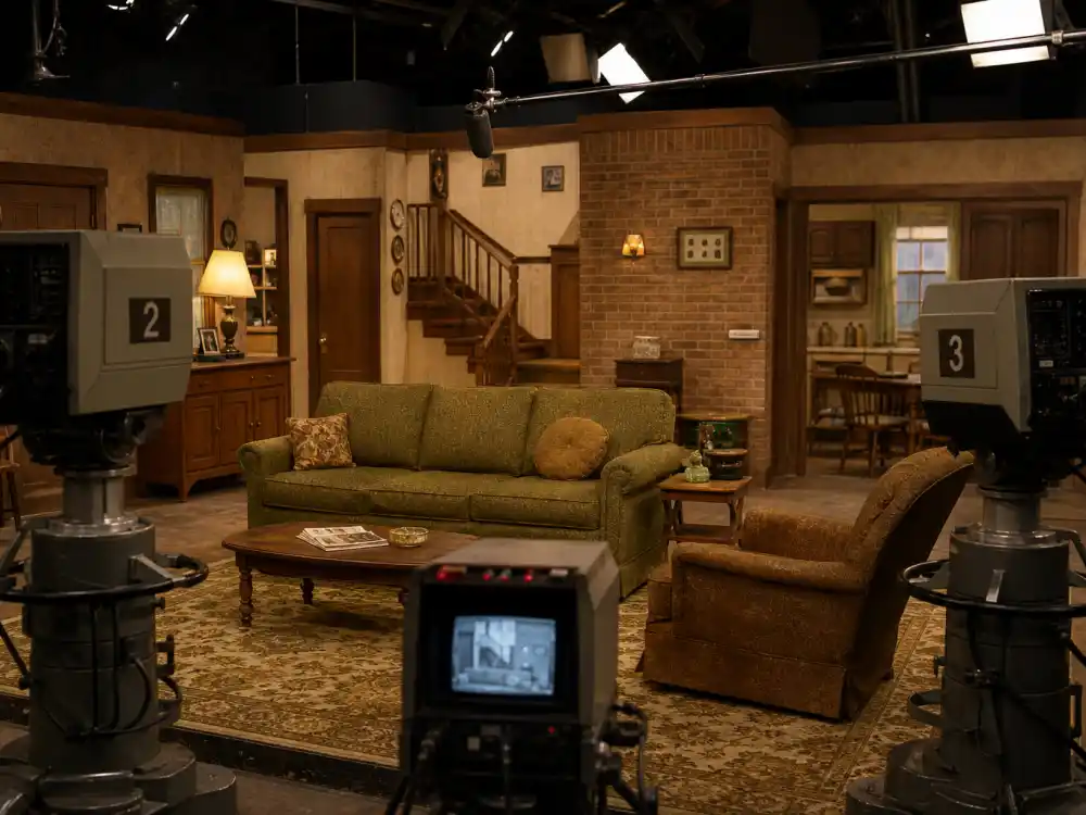 1970s suburban living room TV set evokes All in the Family and Mary Tyler Moore champions on the Emmy best comedy winners by year list