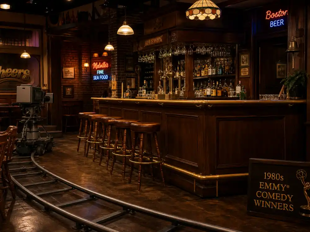 Classic bar interior TV set evokes Cheers and Golden Girls era Emmy best comedy winners by year