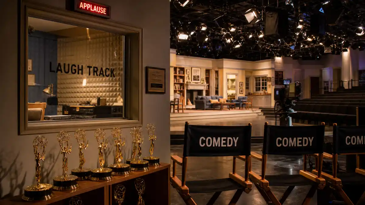 Emmy best comedy winners by year — comedy television studio soundstage with director chairs and golden Emmy statuettes