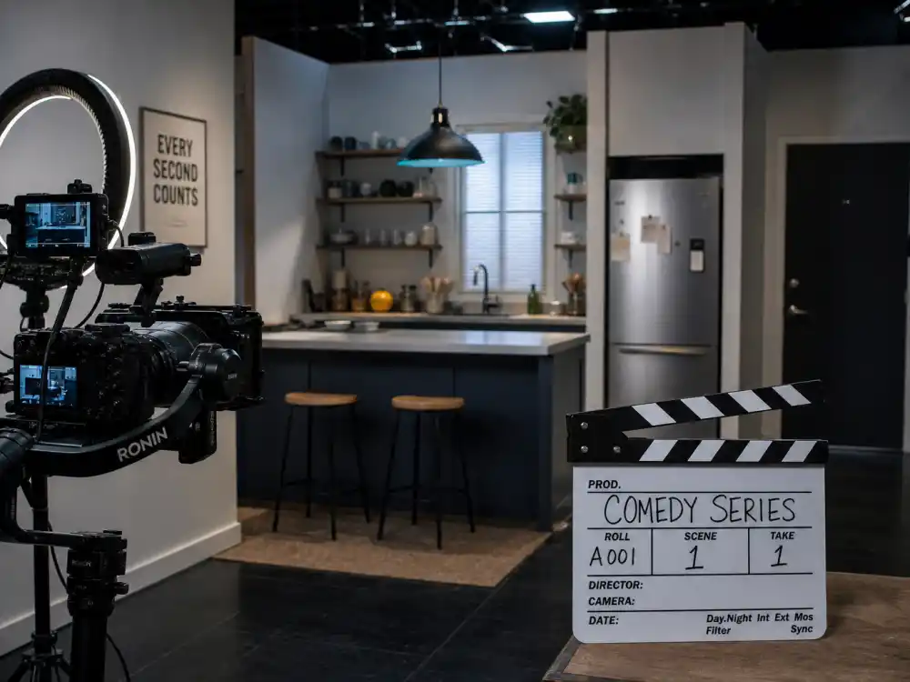 Modern comedy production kitchen set represents streaming-era Emmy best comedy winners by year including The Bear and The Studio