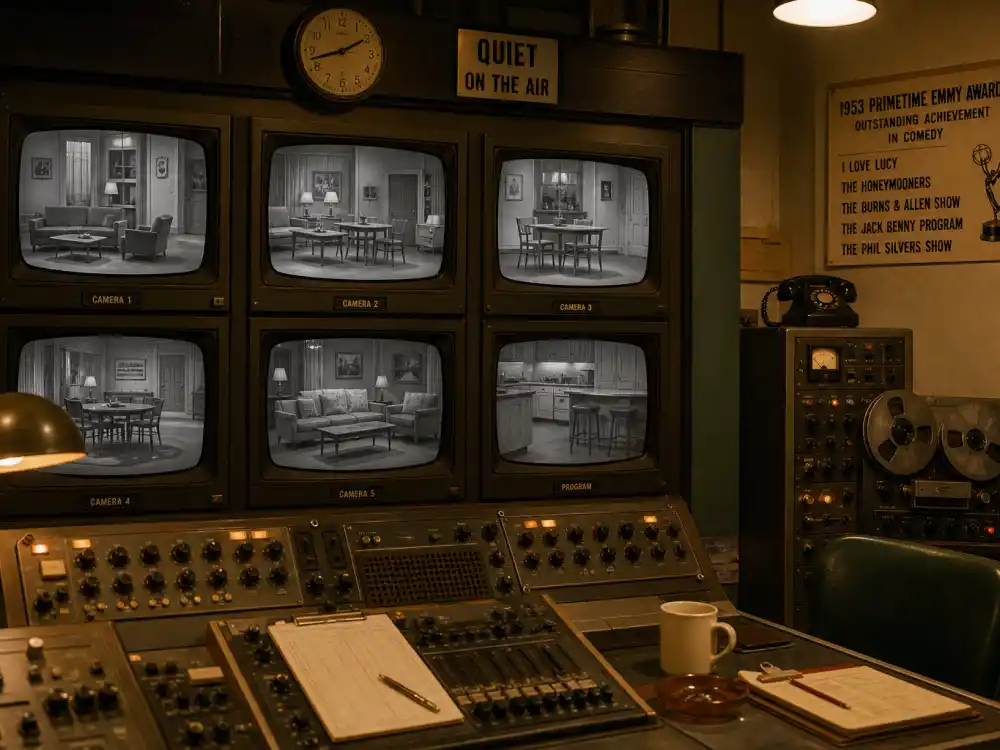 Vintage television broadcast control room represents early Emmy best comedy winners by year from the live sitcom era