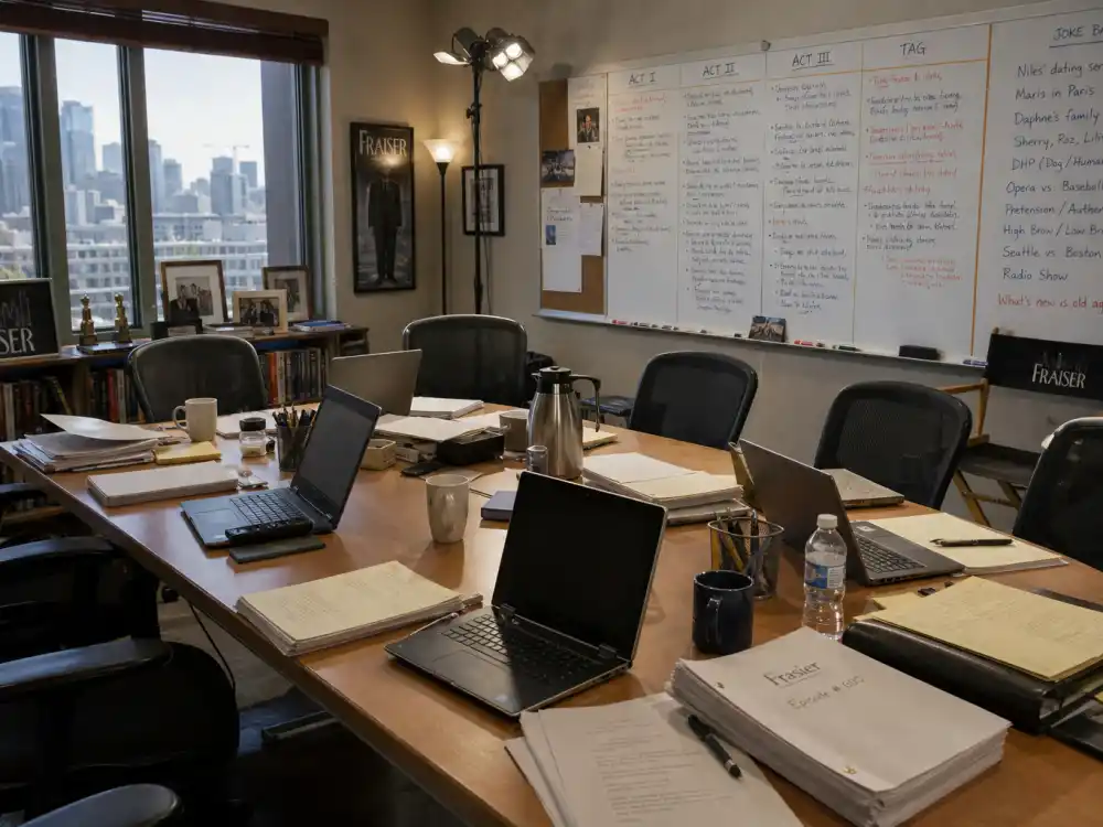 Comedy writers room with scripts and whiteboards reflects Frasier and Seinfeld prestige on the Emmy best comedy winners by year timeline