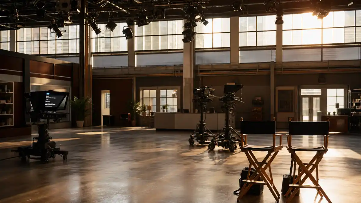 Emmy best drama winners by year — empty television studio soundstage with director chairs and professional lighting rigs