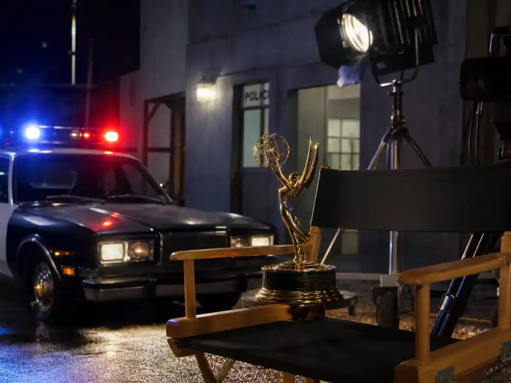 Nighttime police drama filming atmosphere evokes Hill Street Blues and NYPD Blue champions on the Emmy best drama winners by year list