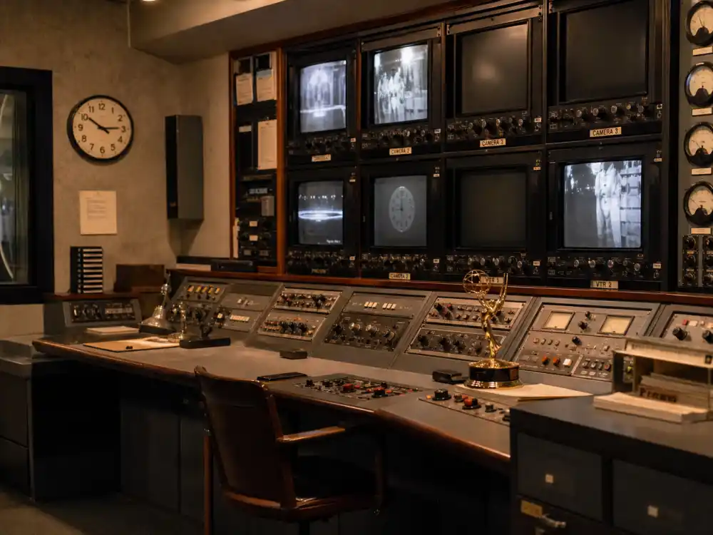 Vintage television broadcast control room represents early Emmy best drama winners by year from the anthology and live-drama era