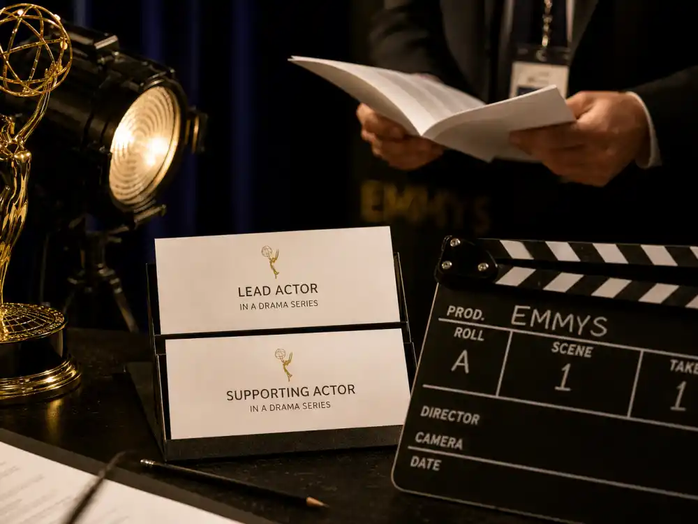 Lead and supporting actor category cards on a casting table clarify acting lanes in the Emmy categories explained guide