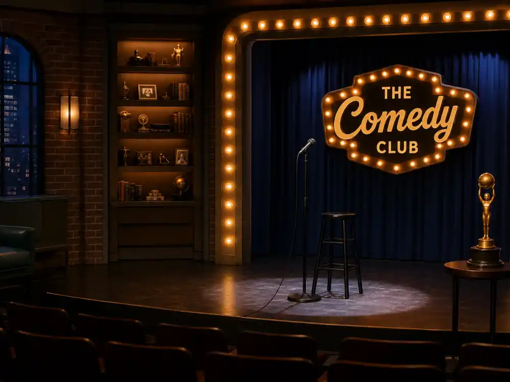 Comedy television studio stage with microphone evokes Outstanding Comedy Series race in Emmy nominations predictions 2026 where Hacks leads