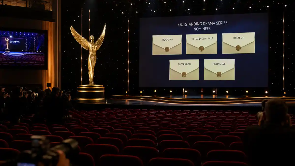 Emmy nominations predictions 2026 — dramatic television awards theatre stage with golden winged trophy silhouette and nomination envelope atmosphere before July 8 reveal