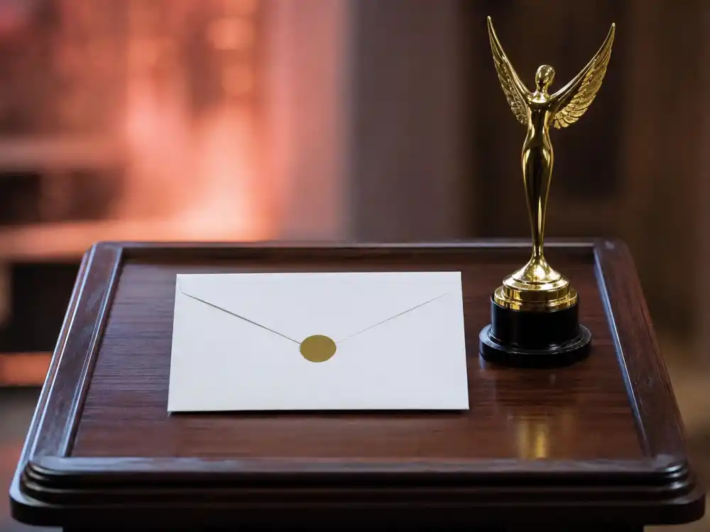 Sealed envelope on podium beside blank winner placard evokes September ceremony moment when Emmy winners 2026 full list goes live