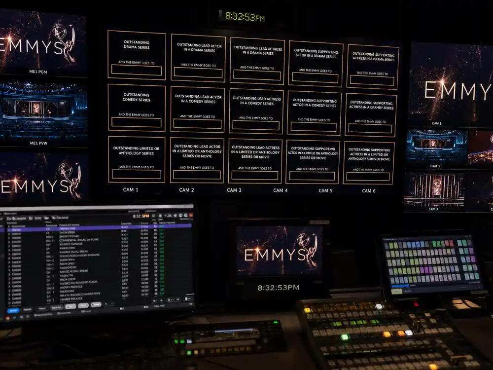 Television control room monitors tracking blank winner grids ahead of final Emmy winners 2026 full list reveal after August voting