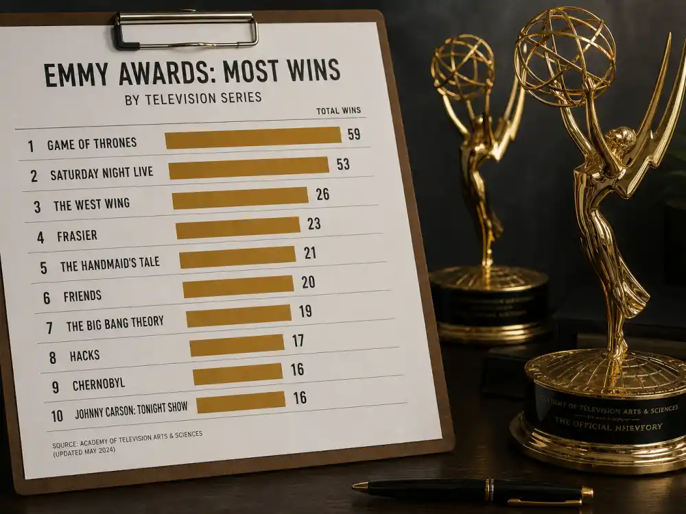 Leaderboard chart beside generic golden TV trophies ranking the most Emmys won by a TV show through the 2025 ceremony