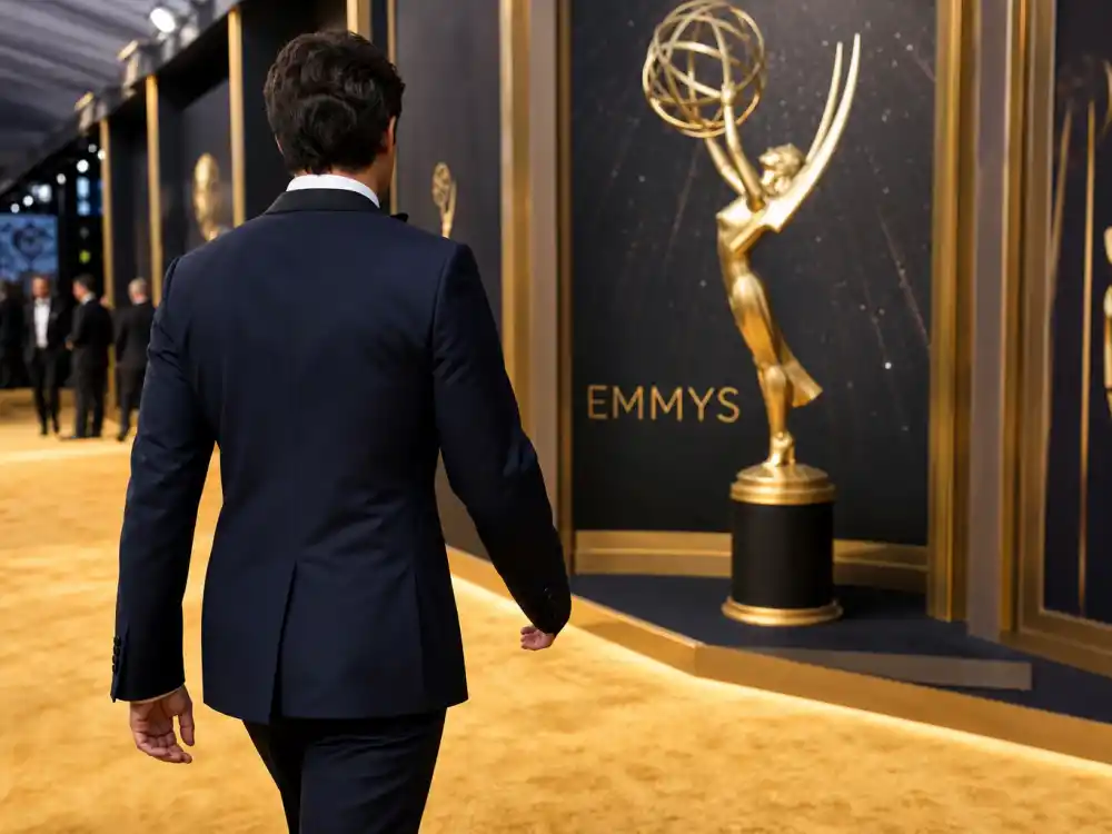 Menswear highlight on Emmys best dressed of all time list — anonymous guest from behind in midnight blue tuxedo on gold awards carpet