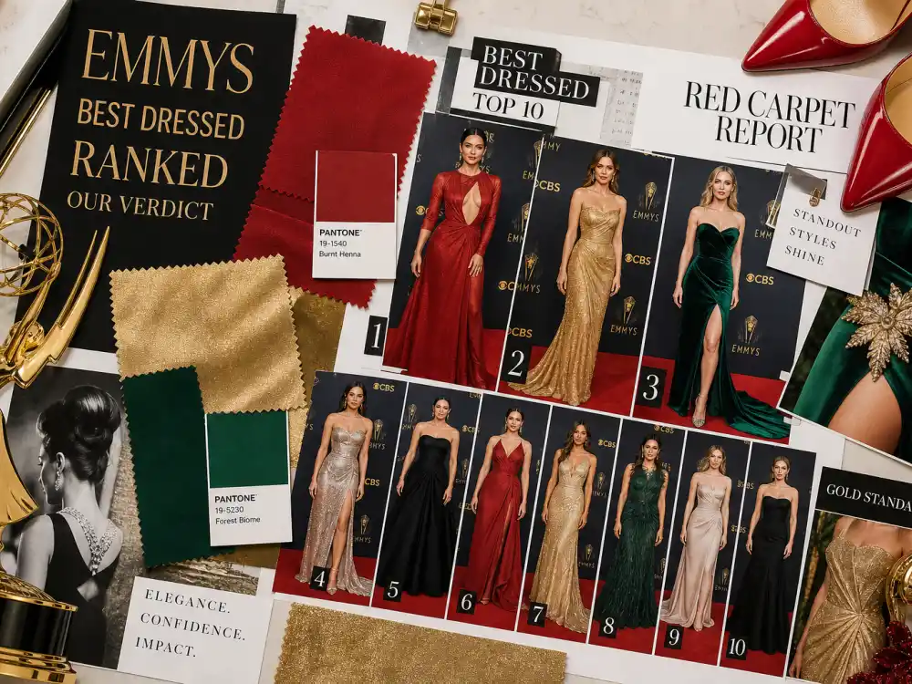 Editorial ranked verdict mood board for Emmys best dressed of all time — fabric swatches Emmy trophy silhouette and red carpet heels