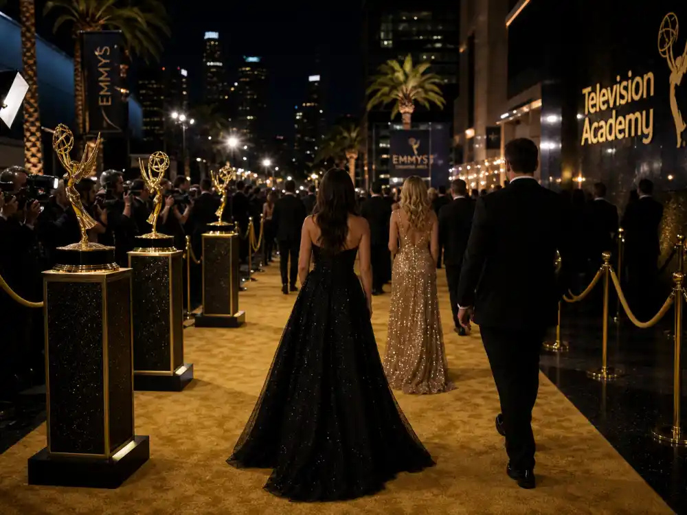Television awards ceremony gold carpet arrivals defining Emmys best dressed of all time — formal gowns and tuxedos under winged trophy displays