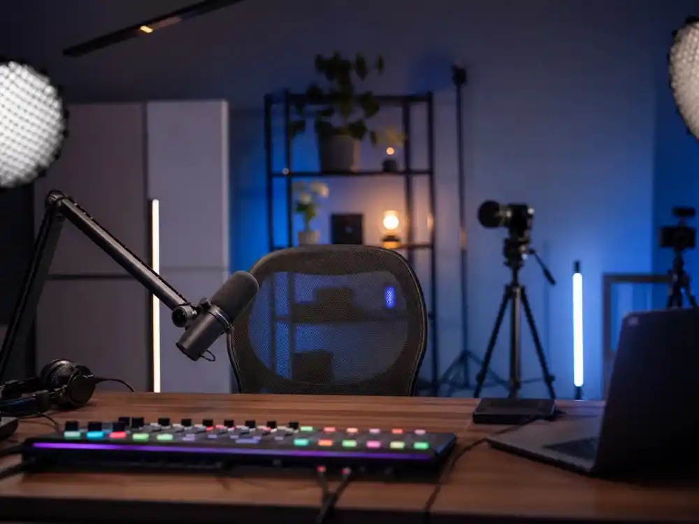 Modern podcast studio representing where the Everybody Loves Raymond cast where are they now alumni work in 2026 media careers