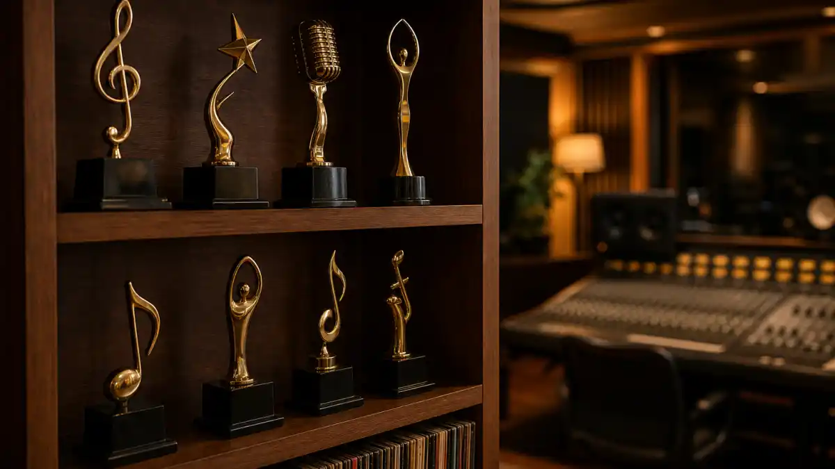 Famous artists who never won a Grammy — empty trophy shelf in a professional recording studio symbolizing legendary musicians without competitive wins