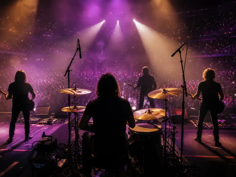 Rock band silhouettes on stage represent famous artists who never won a Grammy despite selling out arenas worldwide for decades