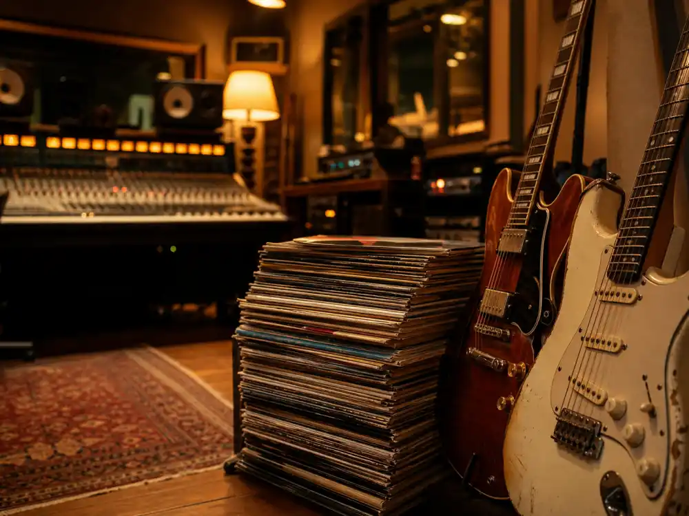 Vinyl records and guitars in a studio evoke the catalog depth behind famous artists who never won a Grammy in competitive categories