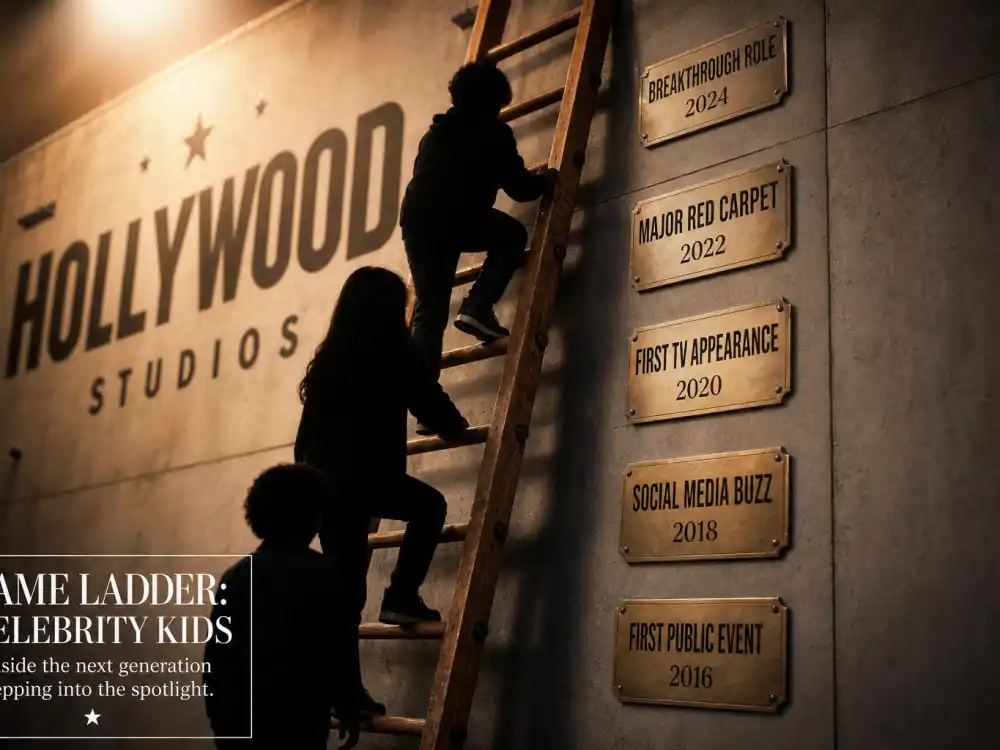 Fame ladder montage with career milestone plaques for famous celebrity children who are famous now merit and access editorial without identifiable faces