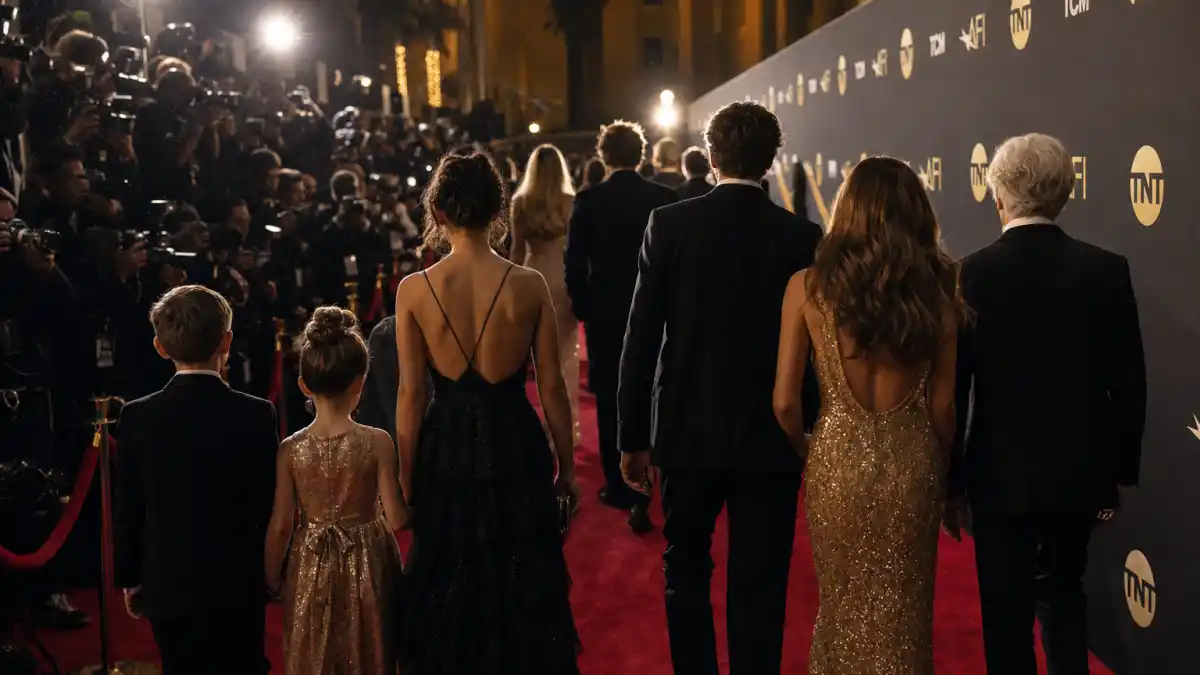 Famous celebrity children who are famous now — multi-generational red carpet collage from behind with anonymous figures in formal wear and paparazzi flashes without identifiable faces