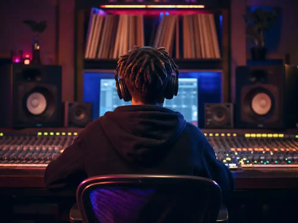 Music recording studio mixing board for famous celebrity children who are famous now Jaden Smith music tier editorial from behind without identifiable faces