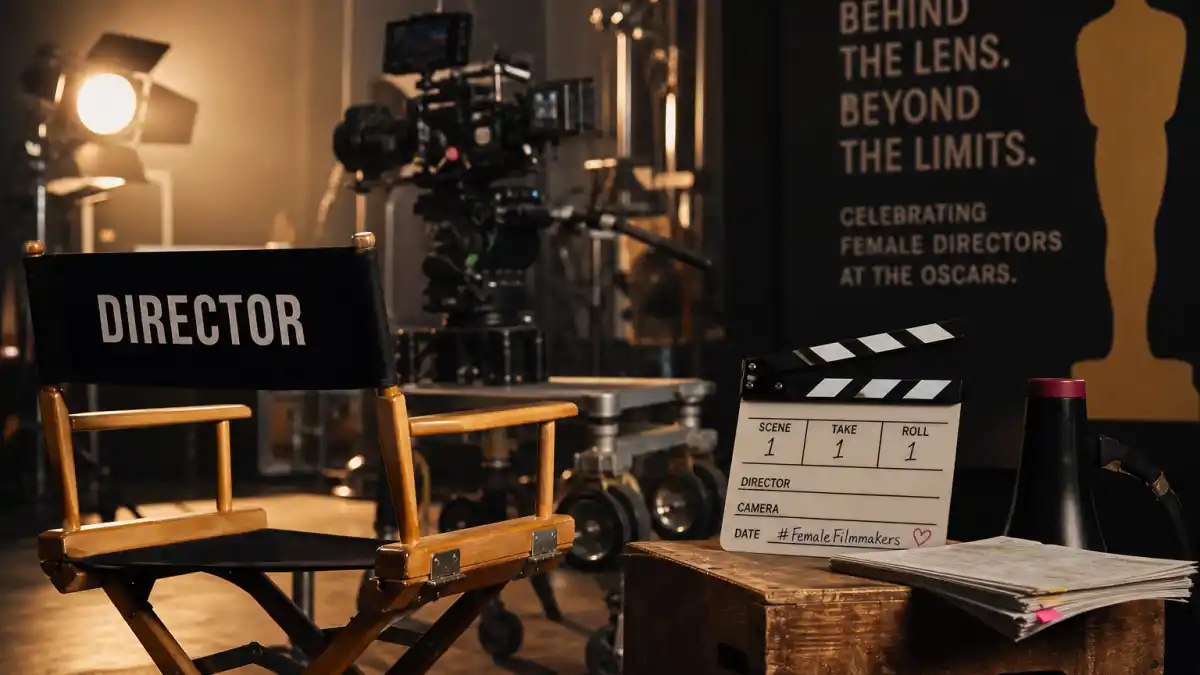 Female directors who won best director Oscar — director chair and clapperboard on a film set with camera rig and generic golden statuette silhouette