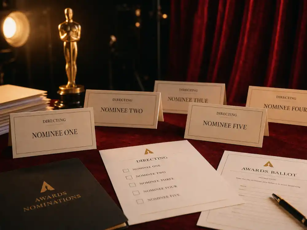 Best Director nomination ballots beside a generic statuette silhouette for female directors who won best director Oscar and fellow nominees