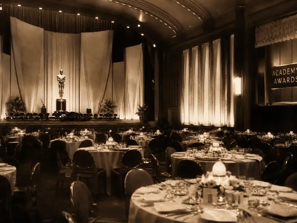 Vintage 1940 Hollywood ballroom evoking the ceremony era when Hattie McDaniel became among the first Black Oscar winners in history