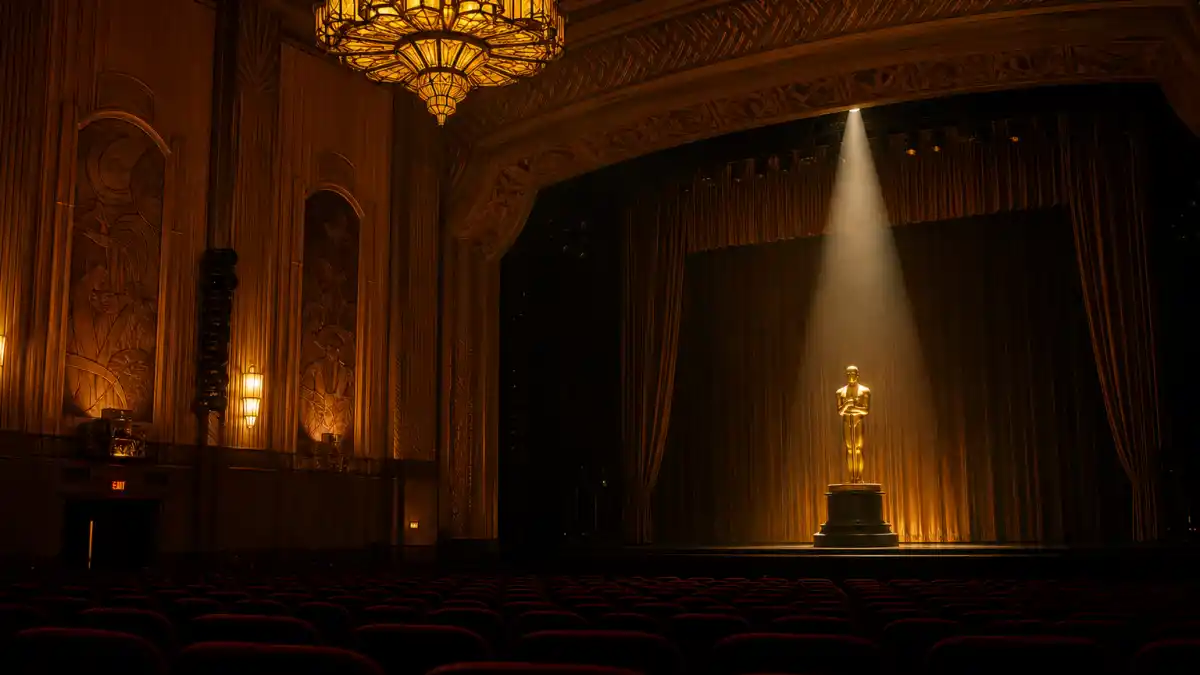 First Black Oscar winners in history — Art Deco awards theatre interior with golden statuette silhouettes evoking Academy milestone nights