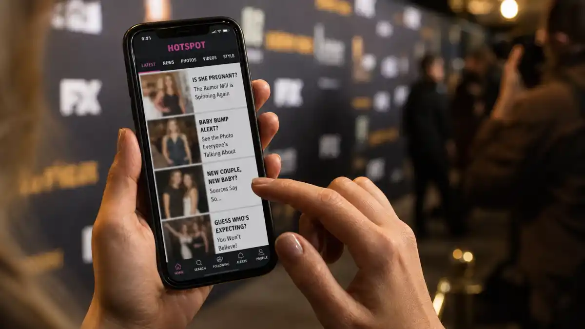 Florence Pugh pregnancy rumors addressed — hands scrolling smartphone tabloid bump headlines beside film premiere step-and-repeat backdrop