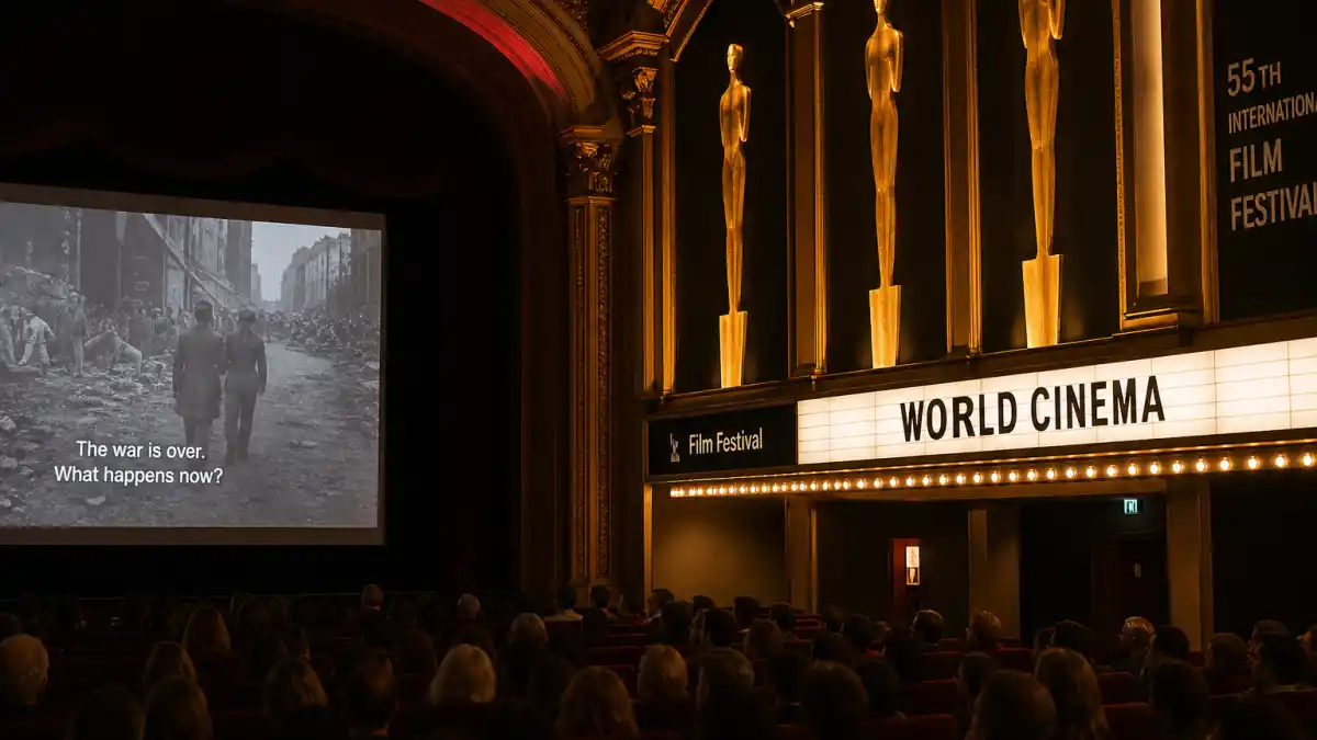Foreign films that won best picture Oscars — international film festival theatre with world cinema marquee and golden statuette silhouettes