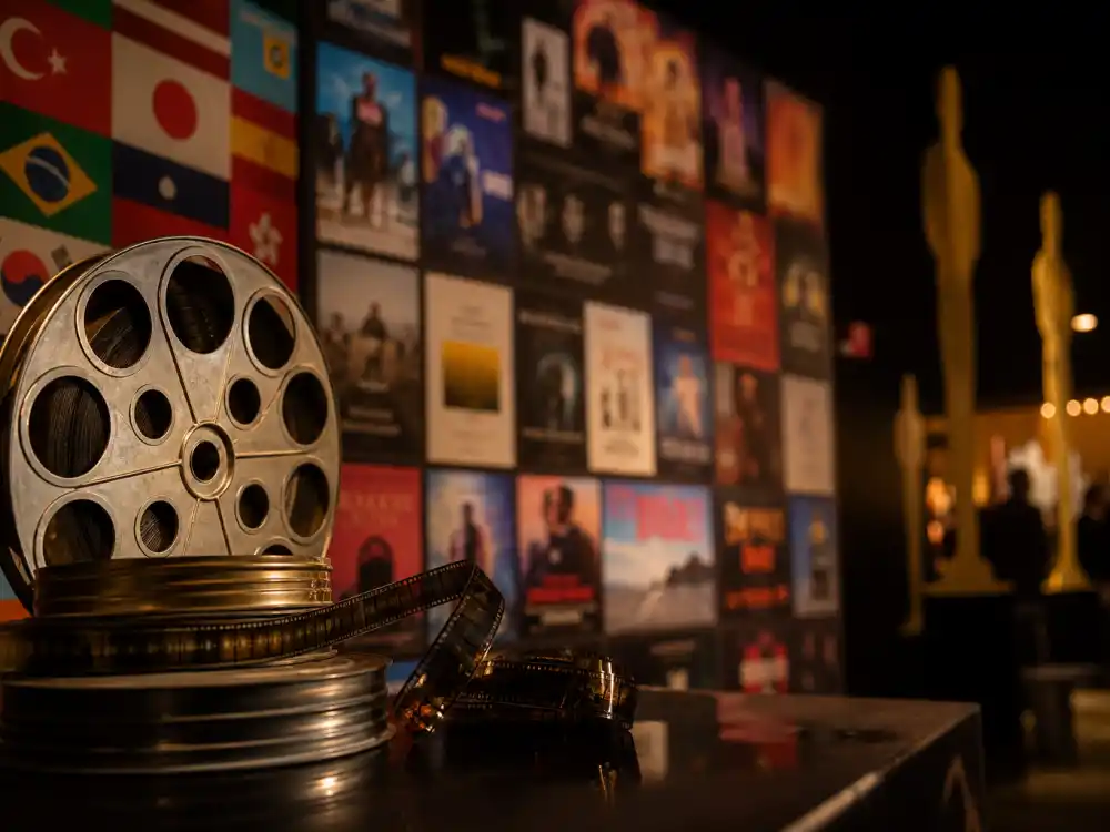 World cinema film reels and international movie posters representing foreign films that won best picture Oscars context